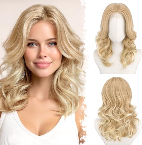 BARSDAR Short Wavy Honey Blonde Wig Shoulder Length Wavy Blonde Layered Wigs for Women Short Loose Wave Layered Wig with FaceFraming Curtain Bangs Soft Synthetic Natural Looking Daily Party - Image 1