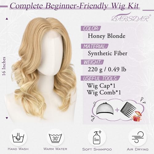 BARSDAR Short Wavy Honey Blonde Wig Shoulder Length Wavy Blonde Layered Wigs for Women Short Loose Wave Layered Wig with FaceFraming Curtain Bangs Soft Synthetic Natural Looking Daily Party - Image 3