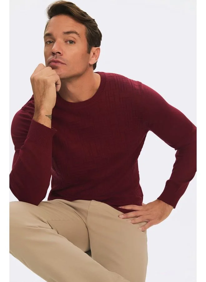 JUNE June Men Regular Fit Crew Neck Patterned Knitwear Sweater Burgundy