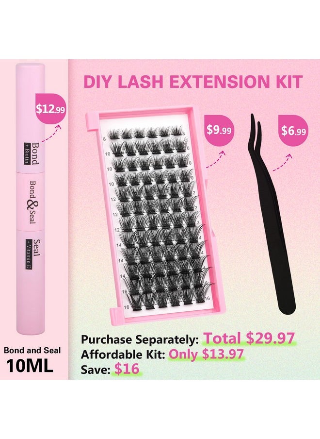 Geeneiya - Diy Lash Extension Kit Clusters Eyelash Extension Kit Cluster Lashes With Waterproof Lash Bond And Seal Glue And Individual Eyelash Tweezers Diy At Home User Manual For Beginners (72Pcsd 8 16Mm)) - Image 1