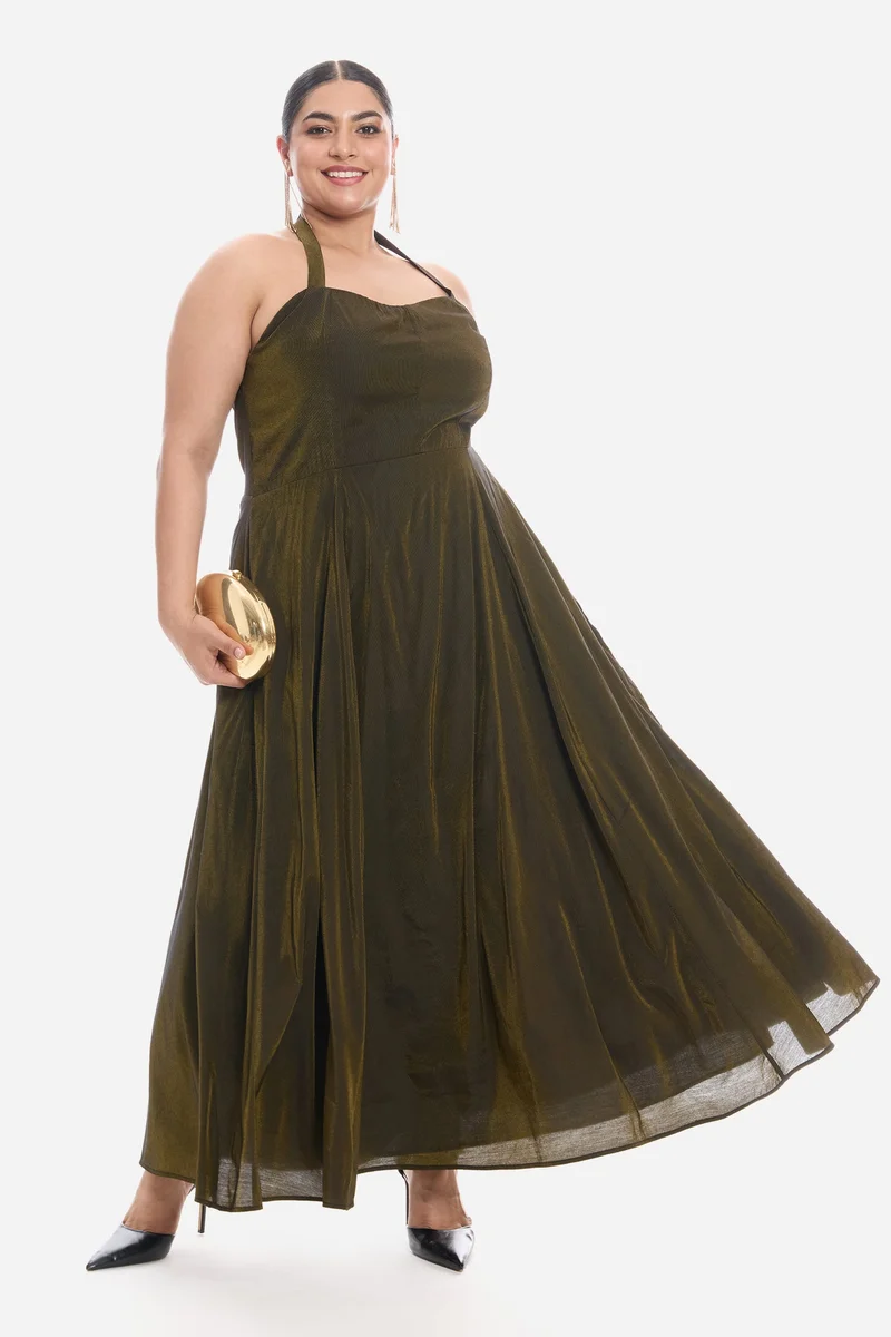 فيرجيو Self Design Viscose Halter Neck Sweetheart Midi Plus Size Dress for Women