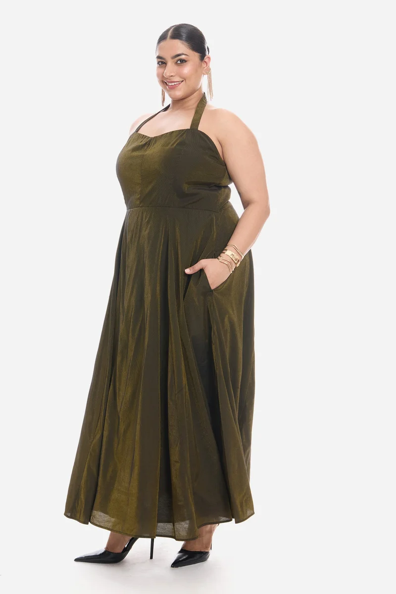 فيرجيو Self Design Viscose Halter Neck Sweetheart Midi Plus Size Dress for Women