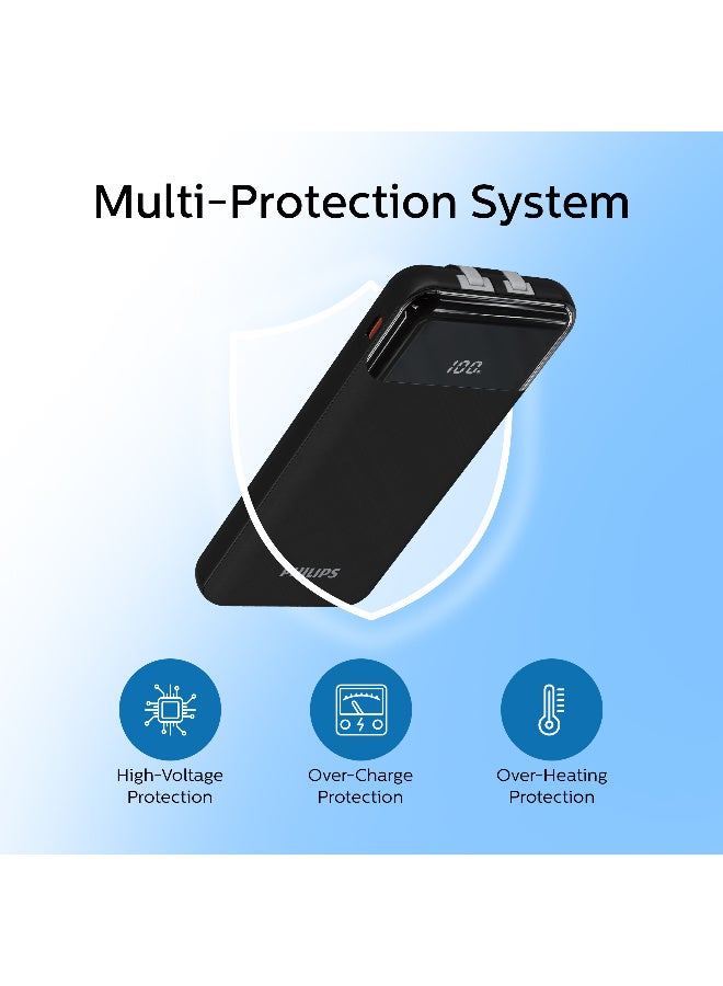 Philips 10000mAh 20W PD Power Bank | Dual Built-in USB-C Cables & LED Digital Display – Ultra-Portable Fast Charging- Black black - Image 4
