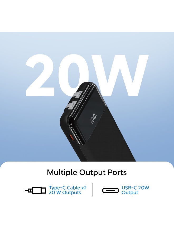 Philips 10000mAh 20W PD Power Bank | Dual Built-in USB-C Cables & LED Digital Display – Ultra-Portable Fast Charging- Black black - Image 3