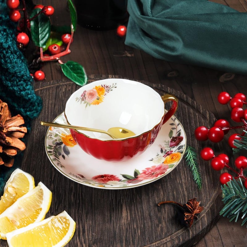 OneUstar Tea Cup and Saucer Set for 1 Bone China Floral Teacup with Spoon 8 oz Coffee Cup Cappuccino Latte Mug for Women Birthday Christmas Gift, Red - Image 3