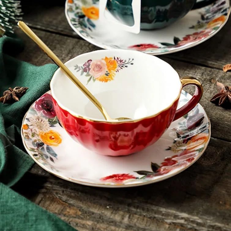 OneUstar Tea Cup and Saucer Set for 1 Bone China Floral Teacup with Spoon 8 oz Coffee Cup Cappuccino Latte Mug for Women Birthday Christmas Gift, Red - Image 4