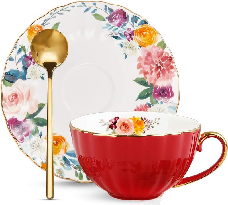 OneUstar Tea Cup and Saucer Set for 1 Bone China Floral Teacup with Spoon 8 oz Coffee Cup Cappuccino Latte Mug for Women Birthday Christmas Gift, Red - Image 1