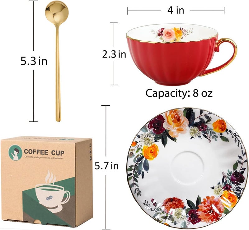 OneUstar Tea Cup and Saucer Set for 1 Bone China Floral Teacup with Spoon 8 oz Coffee Cup Cappuccino Latte Mug for Women Birthday Christmas Gift, Red - Image 5