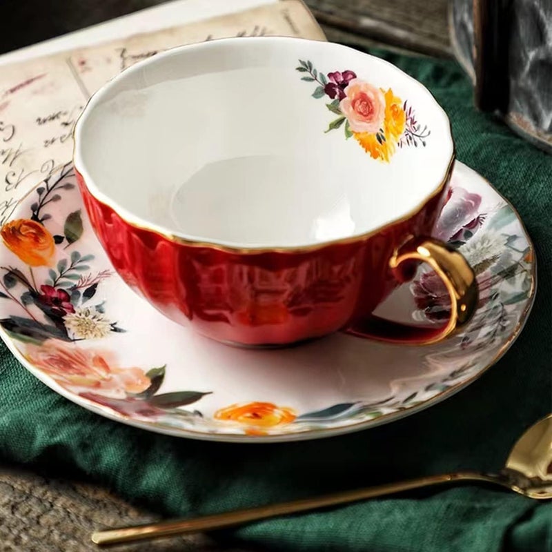 OneUstar Tea Cup and Saucer Set for 1 Bone China Floral Teacup with Spoon 8 oz Coffee Cup Cappuccino Latte Mug for Women Birthday Christmas Gift, Red - Image 2