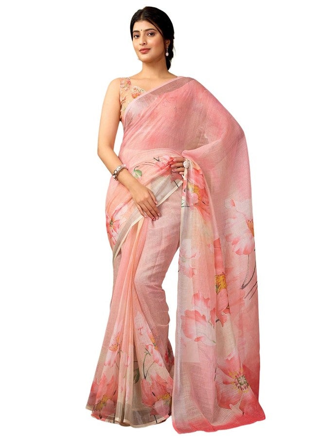 Satrani Women's Linen Printed & Zari Border Ready To Wear One Minute Pre Pleated Readymade Saree with Unstitched Blouse Piece (35RS331N_Pink & Multi) - Image 1