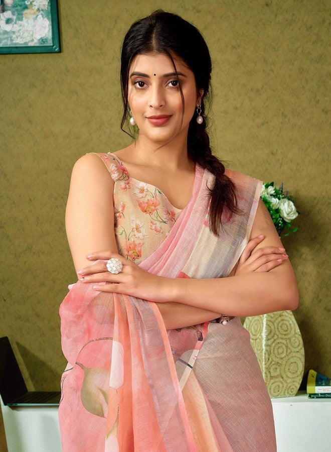 Satrani Women's Linen Printed & Zari Border Ready To Wear One Minute Pre Pleated Readymade Saree with Unstitched Blouse Piece (35RS331N_Pink & Multi) - Image 4