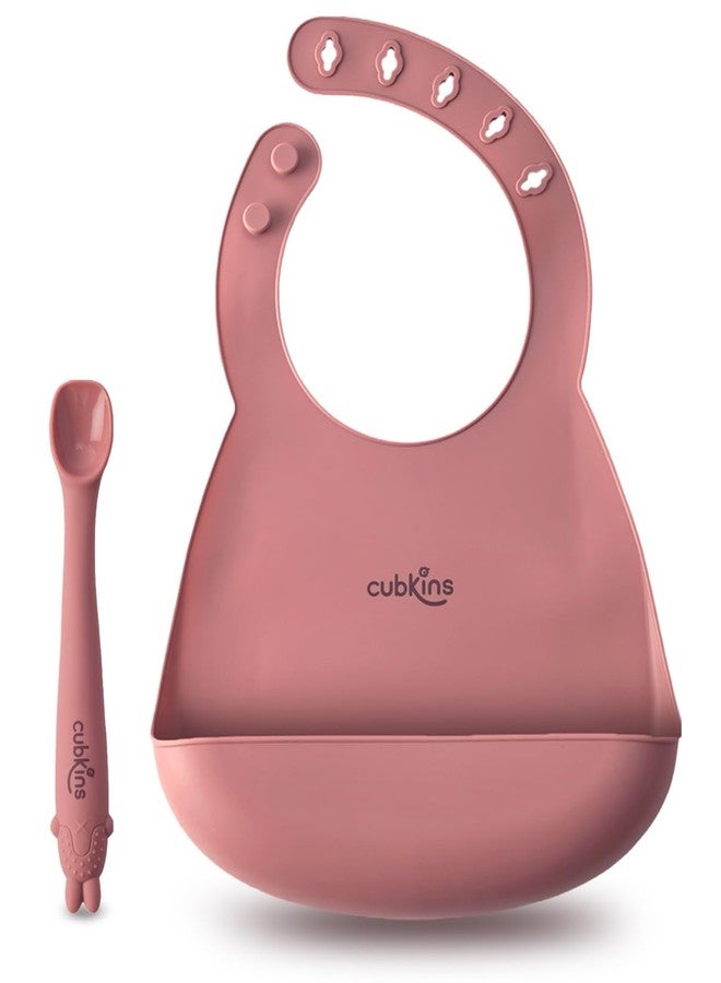CUBKINS Silicone Baby Bib for Feeding & Weaning Babies, Toddlers with Early Feeding Bendable Spoon | Washable & Reusable, Non-Messy Easy to Clean, Adjustable Neckline with Buttons (Raspberry) - Image 1