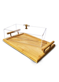 Large Rectangular Wooden Cake Tray with Acrylic Cover, Gold Handle – Food Display & Serving Tray with Lid, Size 41 x 27 x 10 cm