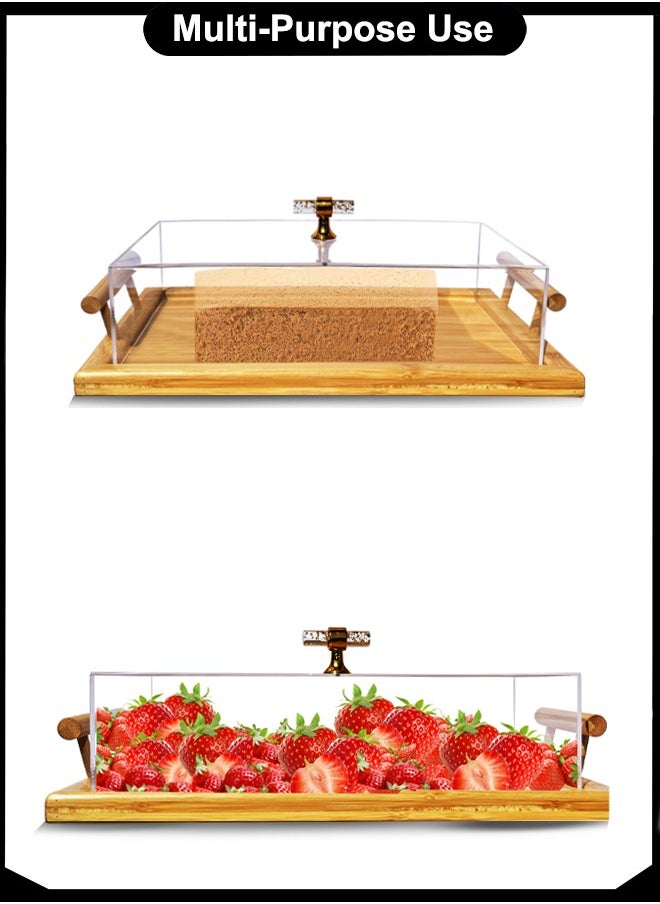 Majestic - Large Rectangular Wooden Cake Tray with Acrylic Cover, Gold Handle – Food Display & Serving Tray with Lid, Size 41 x 27 x 10 cm - Image 1