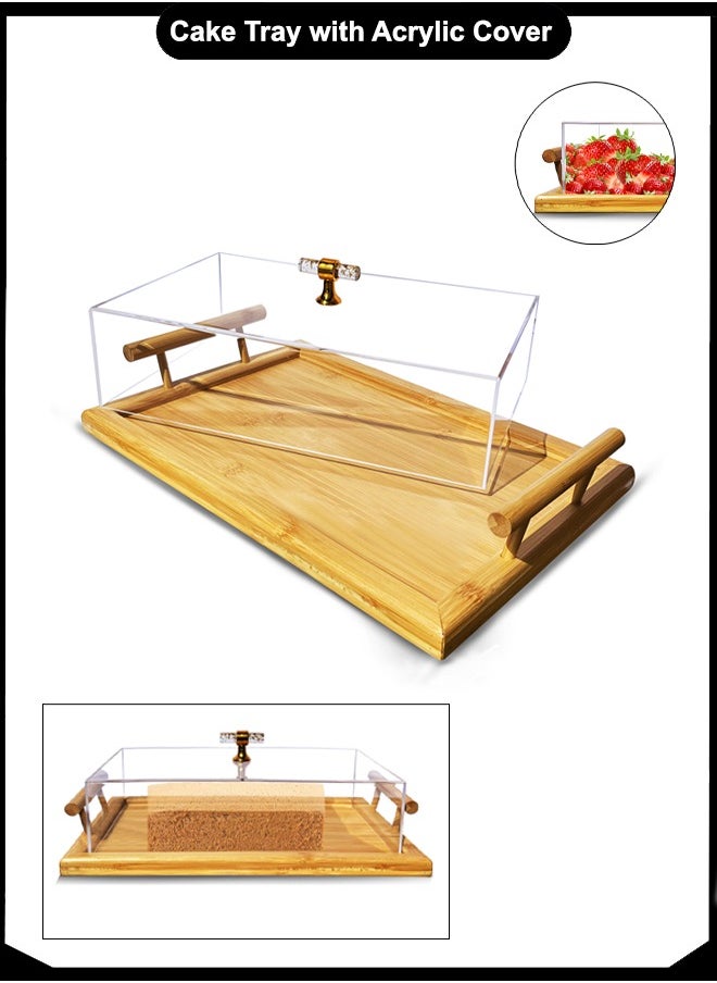 Majestic - Large Rectangular Wooden Cake Tray with Acrylic Cover, Gold Handle – Food Display & Serving Tray with Lid, Size 41 x 27 x 10 cm - Image 1