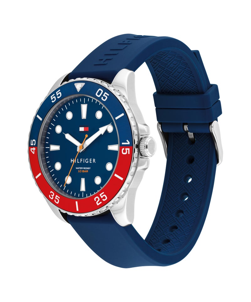 TOMMY HILFIGER ساعة يد رجالية دائرية تناظرية من الفولاذ المقاوم للصدأ مع علبة من الألمنيوم الأزرق والأحمر - Image 1