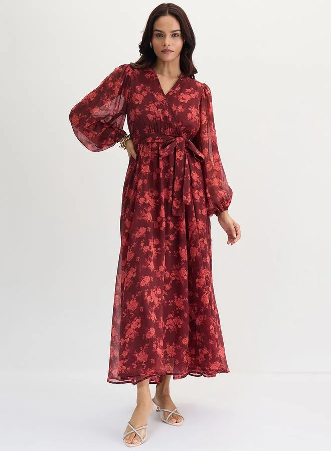 Femmella Maroon Floral Print Wrap Front Maxi Dress