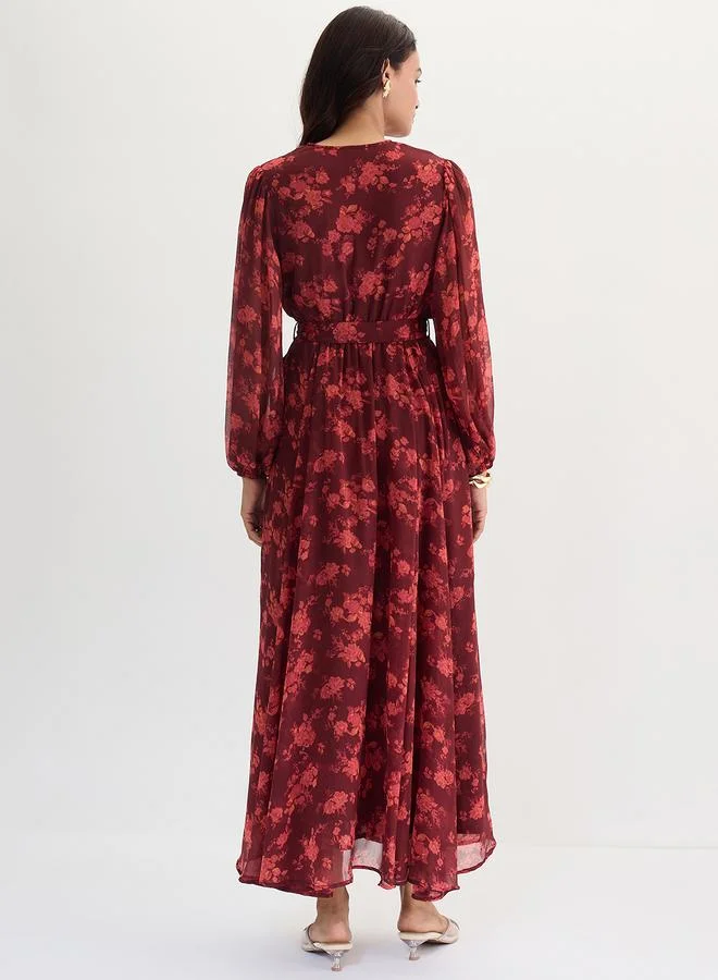 Femmella Femmella Maroon Floral Print Wrap Front Maxi Dress