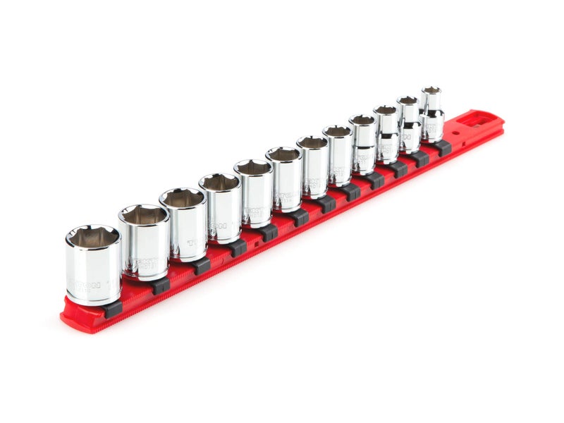 TEKTON 3/8 Inch Drive 6-Point Socket Set with Rail, 12-Piece (8-19 mm) | SHD91102 - Image 1