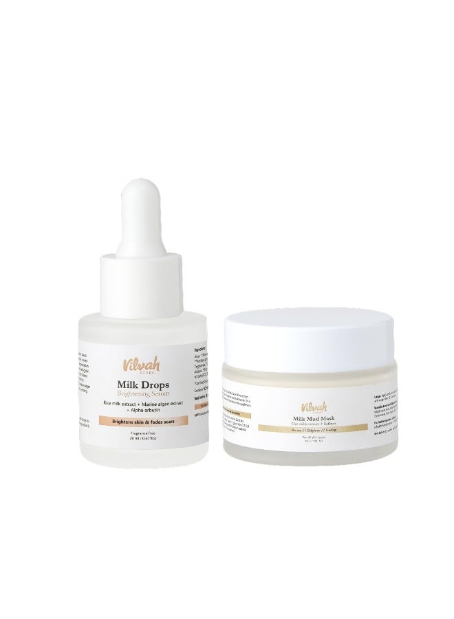 Vilvah STORE Milk Face Combo | De-Tans, Brightens & Clears Skin | Mud Mask 50ml + Brightening Serum 20ml | Fades Dark Spots, Pigmentation & Enhances Glow | For All Skin Types - Image 1