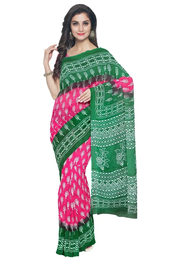 Parinita Sarees Pink and Green Mul Cotton Saree for Women
