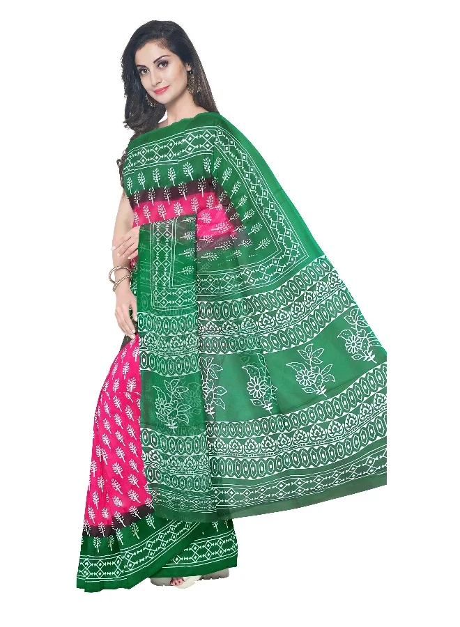 Parinita Sarees ساري قطن مول وردي وأخضر للنساء