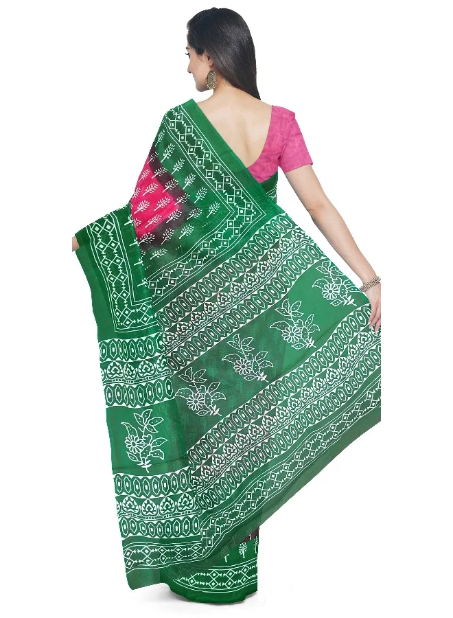 Parinita Sarees ساري قطن مول وردي وأخضر للنساء