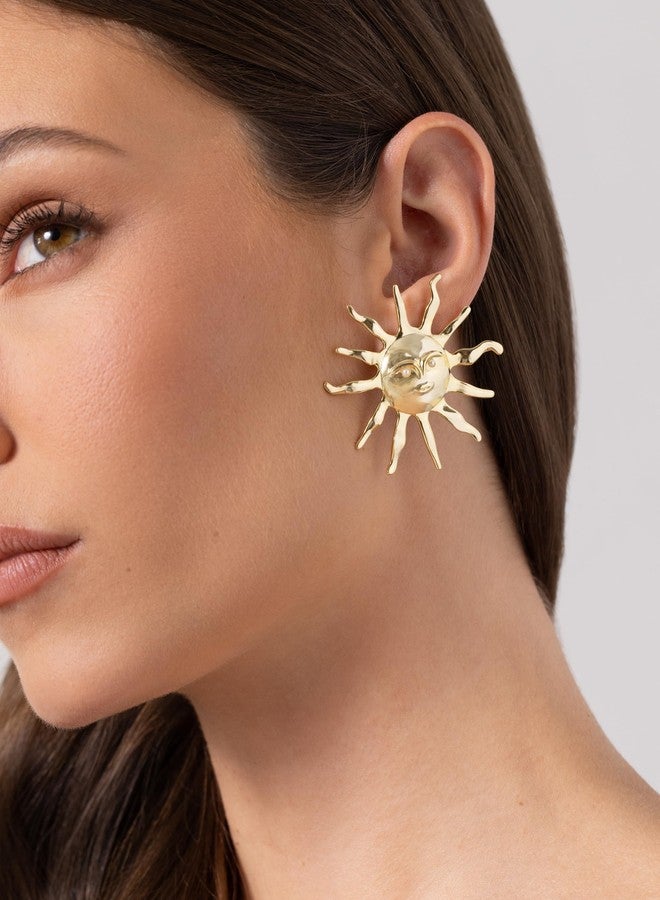 بافوا أقراط شمسية مميزة مطلية بالذهب الأصفر عيار 14 قيراطًا من بافوي للنساء - أقراط شمسية كبيرة - أقراط ذهبية كبيرة مرصعة باللؤلؤ - مجوهرات صيفية عصرية - Image 2