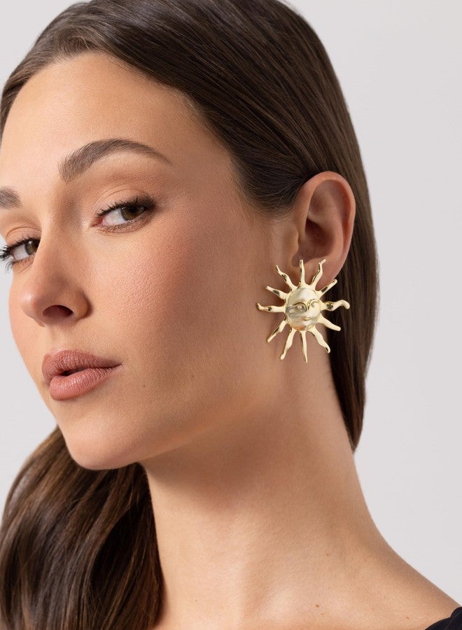 بافوا أقراط شمسية مميزة مطلية بالذهب الأصفر عيار 14 قيراطًا من بافوي للنساء - أقراط شمسية كبيرة - أقراط ذهبية كبيرة مرصعة باللؤلؤ - مجوهرات صيفية عصرية - Image 4