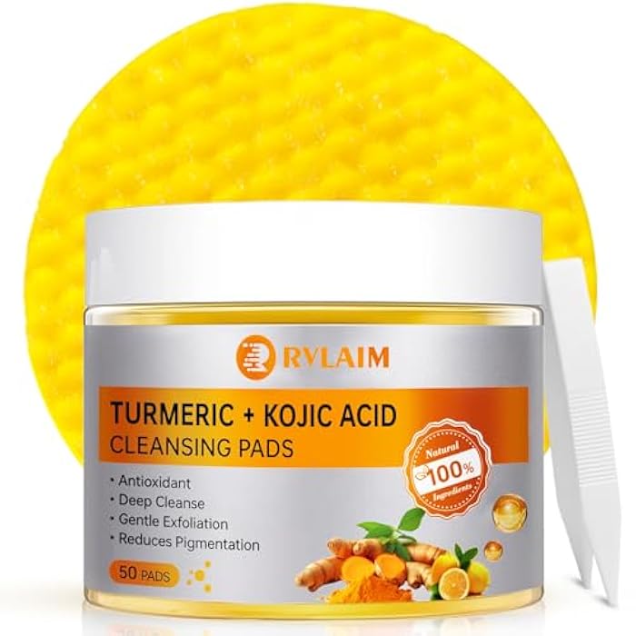 Rvlaim Turmeric Kojic Acid Cleansing Pads, 50 PCS Turmeric Pads for Face Dark Spots Cleansing & Exfoliation - Image 1