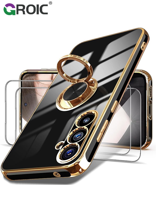 GROIC For Samsung Galaxy S24 Plus Case, 2X Tempered Glass Screen Protector, 360° Rotatable Ring Holder Magnetic Kickstand Phone Shell,Plated Gold Edge Slim Soft TPU Protective Phone Cover 6.6'' - Image 1