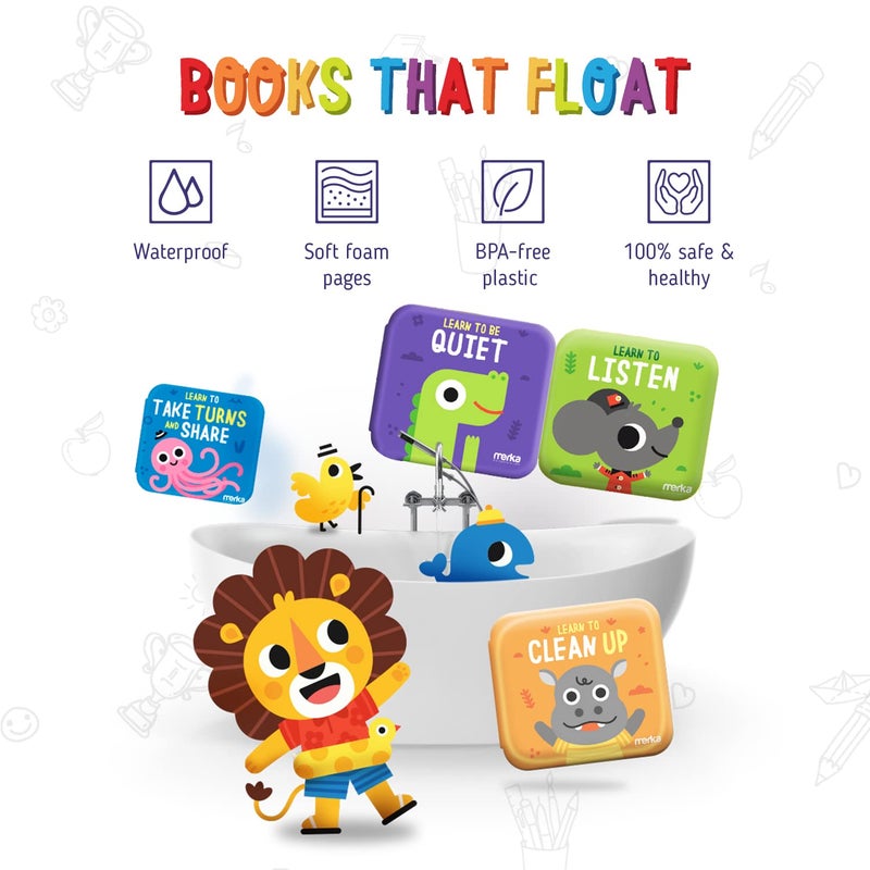 merka Baby Bathtub Bath Toys for Toddler Baby Bath Toys Baby Books 4 Plastic Book Take Turns Clean Up Listen Be Quiet Perfect Baby Gifts for Sharing and Learning - Image 4