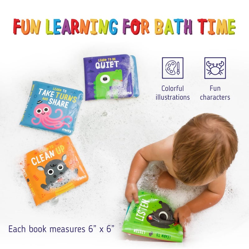 merka Baby Bathtub Bath Toys for Toddler Baby Bath Toys Baby Books 4 Plastic Book Take Turns Clean Up Listen Be Quiet Perfect Baby Gifts for Sharing and Learning - Image 5