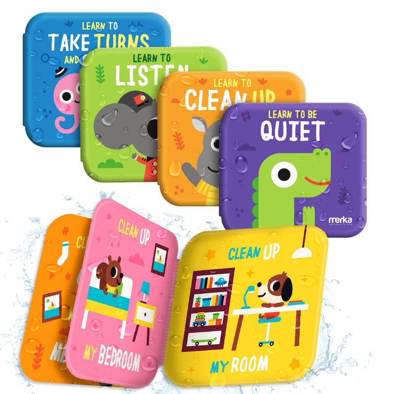 merka Baby Bathtub Bath Toys for Toddler Baby Bath Toys Baby Books 4 Plastic Book Take Turns Clean Up Listen Be Quiet Perfect Baby Gifts for Sharing and Learning - Image 1