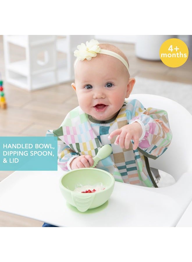 BUMKiNs أطباق الأطفال، مجموعة تغذية الأطفال من السيليكون، أطباق شفط للأطفال والرضع مع ملعقة وغطاء، مجموعة التغذية الأولى، وعاء سيليكون بلاتيني للأطفال من عمر 4 أشهر فما فوق - Image 2