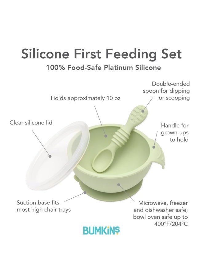 BUMKiNs أطباق الأطفال، مجموعة تغذية الأطفال من السيليكون، أطباق شفط للأطفال والرضع مع ملعقة وغطاء، مجموعة التغذية الأولى، وعاء سيليكون بلاتيني للأطفال من عمر 4 أشهر فما فوق - Image 5