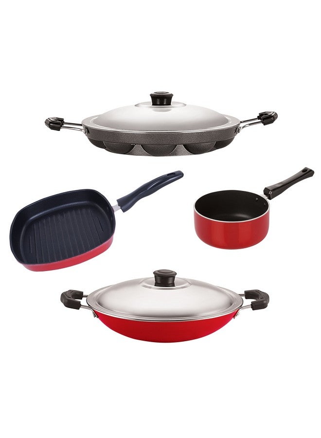 Nirlon Aluminium Cookware Set, 4-Pieces, Red and Black, SPM_AP12_AC_GP22.5
