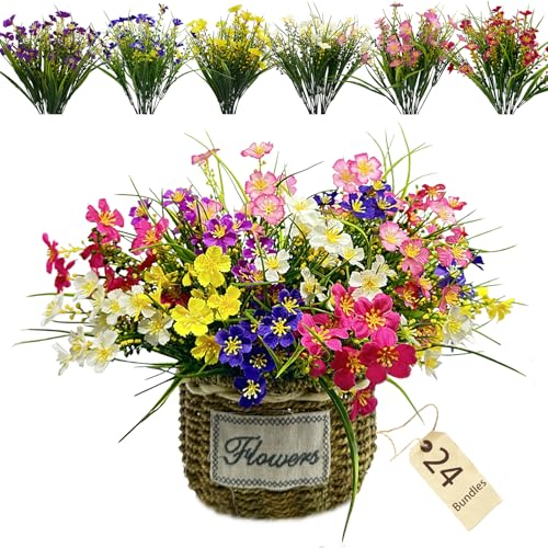 herfate 24 Bundles Fake Outdoor Wild Flowers Lifelike UV Resistant Mixed Colors Artificial Flowers for Indoor Outside Hanging Planters Garden Home Office Decor - Image 1