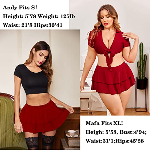 Avidlove Mini Skirt for Women Short Pleated Skirt Solid Lingerie Skirt Sexy Ruffle Skirt A-Line Skirt(Wine Red,Large) - Image 4