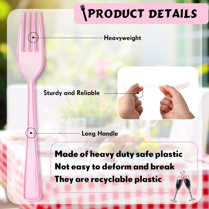 Minatee 50 Pcs Plastic Forks Disposable Cutlery Heavy Duty Dinnerware Plastic Silverware Flatware for Parties Supplies Dessert Picnics Holiday House(Pink) - Image 3