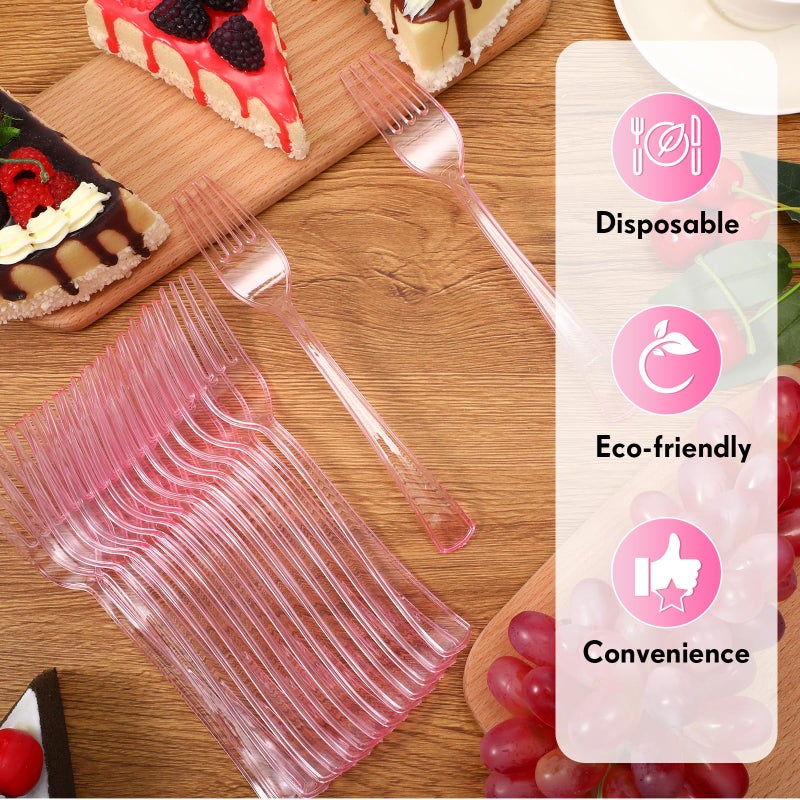 Minatee 50 Pcs Plastic Forks Disposable Cutlery Heavy Duty Dinnerware Plastic Silverware Flatware for Parties Supplies Dessert Picnics Holiday House(Pink) - Image 5