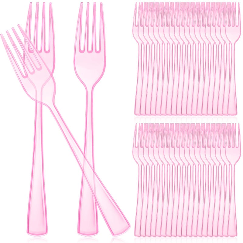 Minatee 50 Pcs Plastic Forks Disposable Cutlery Heavy Duty Dinnerware Plastic Silverware Flatware for Parties Supplies Dessert Picnics Holiday House(Pink) - Image 1