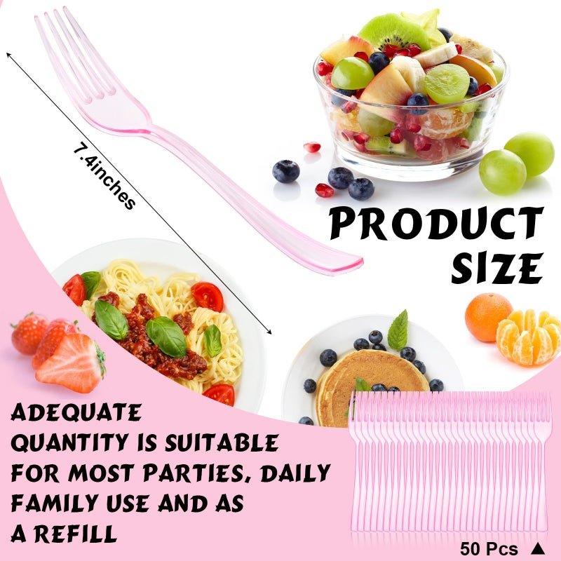 Minatee 50 Pcs Plastic Forks Disposable Cutlery Heavy Duty Dinnerware Plastic Silverware Flatware for Parties Supplies Dessert Picnics Holiday House(Pink) - Image 2