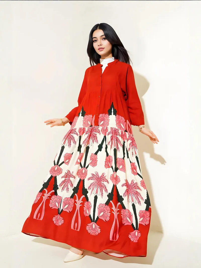 BIG DART BDART Printed V-Neck Maxi Dress with Button Closure