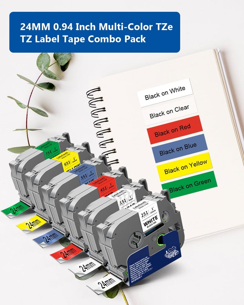 Labelwell 6-Pack TZe 24mm 0.94" Laminated Compatible for P Touch 1 Inch TZ Label Tape TZe-151 251 451 551 651 751 for Ptouch PT-D600 P700D 410 D610BT P710BT, Clear/White/Red/Blue/Yellow/Green - Image 2