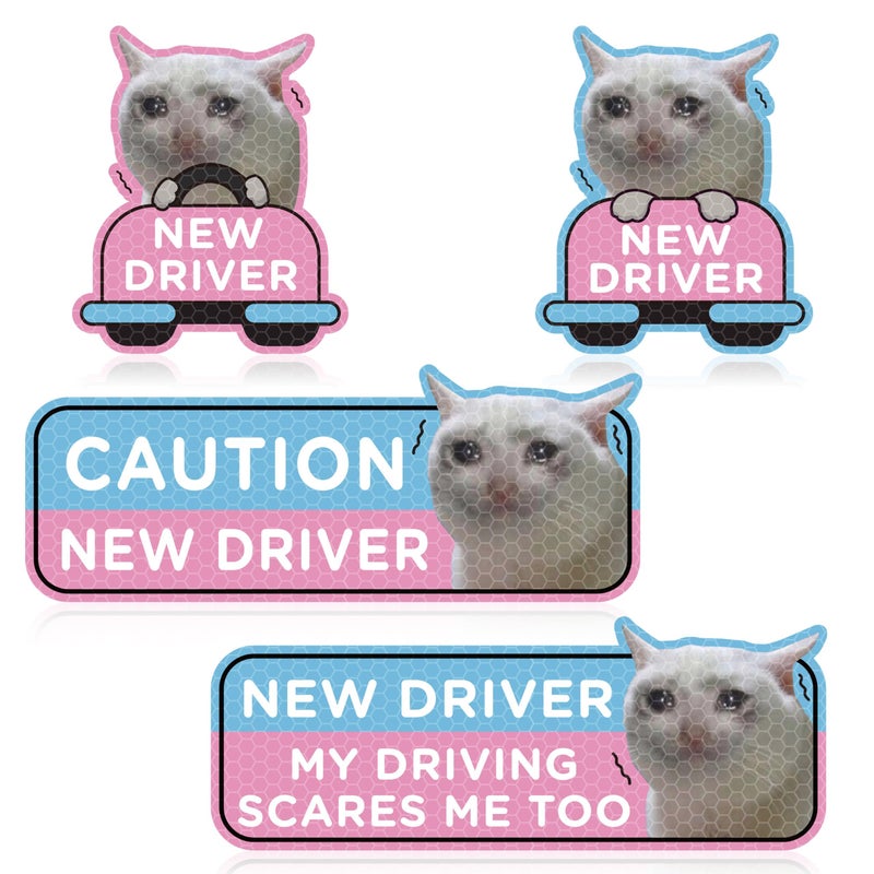 CNhoqc Student New Driver Magnet 4 Pcs Crying Cat Please Be Patient Student New Driver Car Automotive Magnet Reflective Rookie Magnetic Attention Sign Bumper Sticker Safety Warning Reusable Movable - Image 3