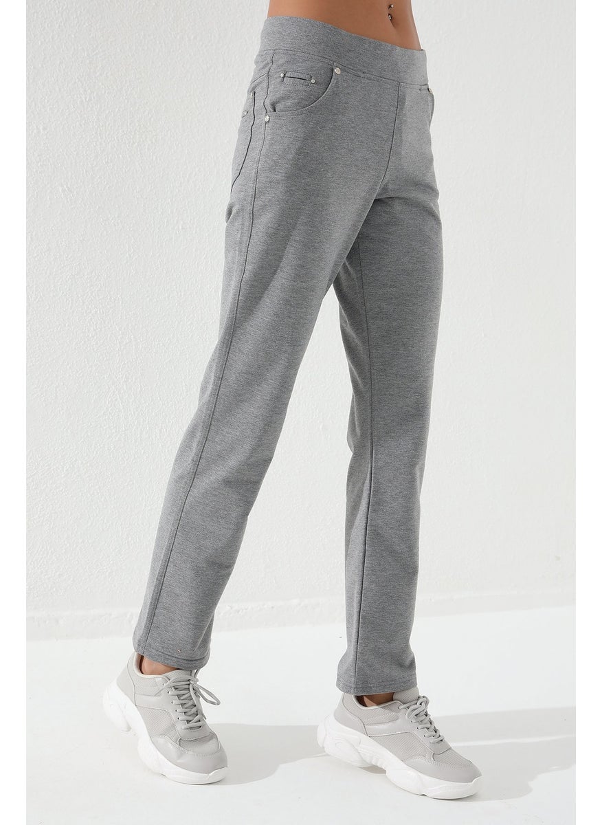 Tommy Life Gray Melange Women's Stone Detailed Pocket Slim Cut Classic Leg Sweatpants-94007  - Image 5
