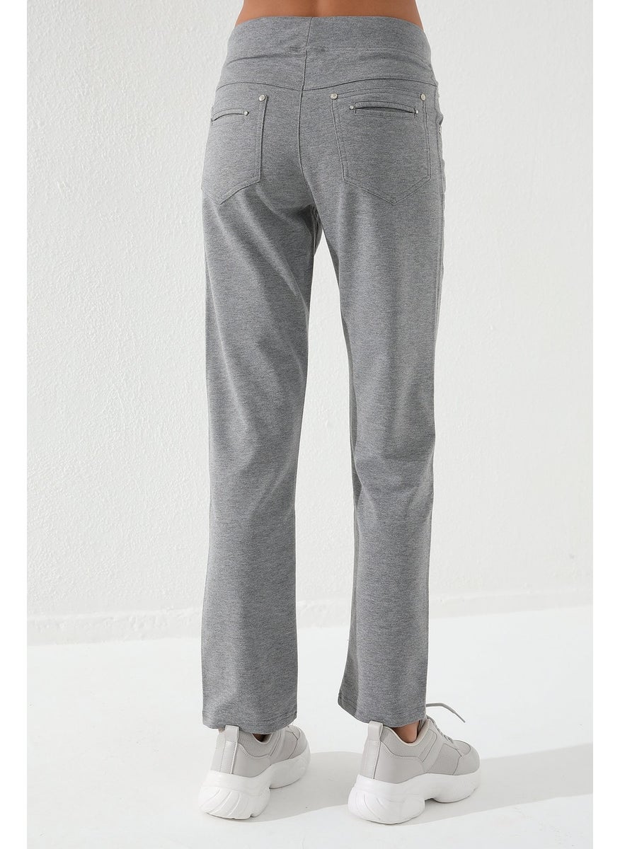 Tommy Life Gray Melange Women's Stone Detailed Pocket Slim Cut Classic Leg Sweatpants-94007  - Image 4