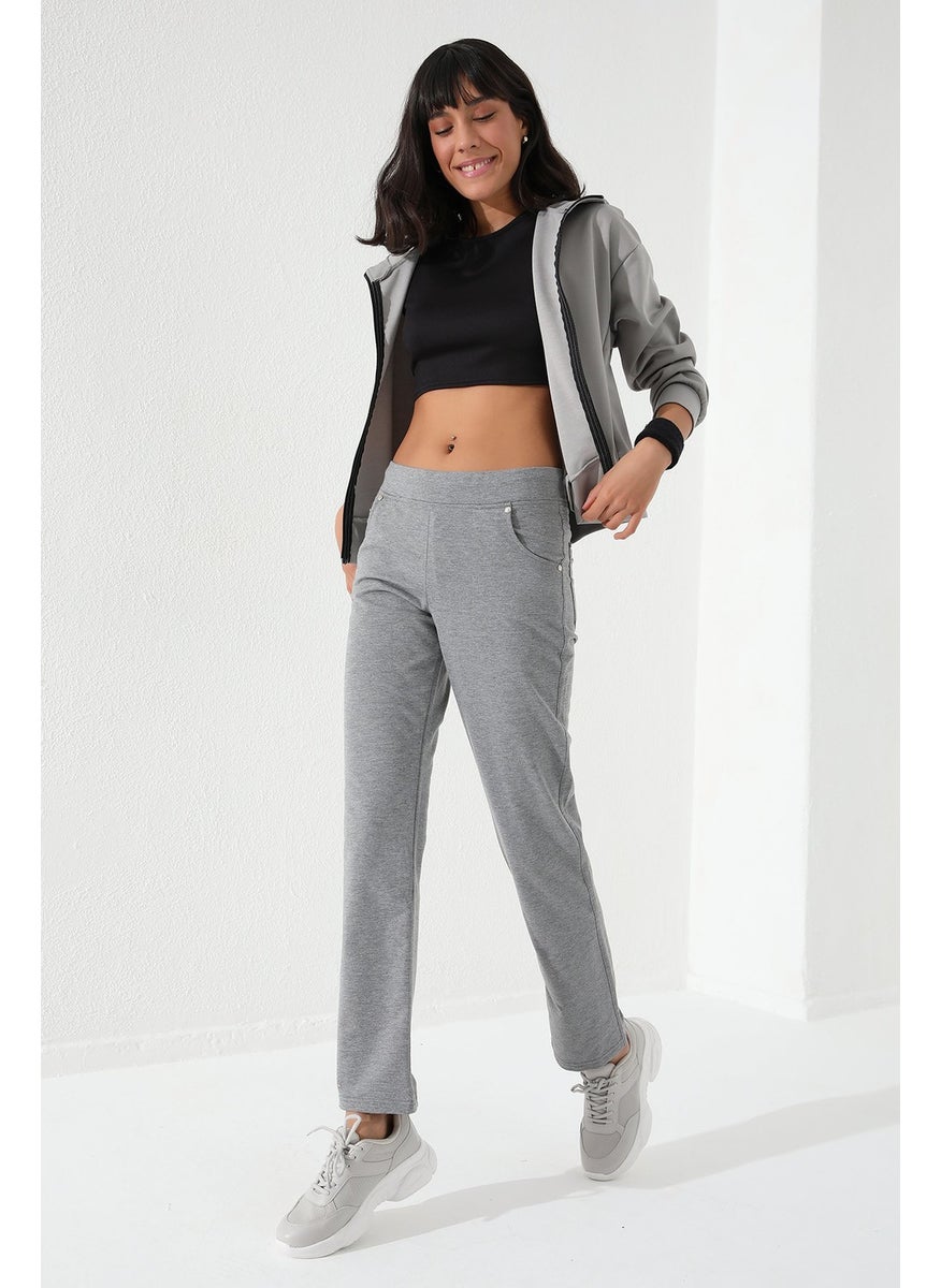 Tommy Life Gray Melange Women's Stone Detailed Pocket Slim Cut Classic Leg Sweatpants-94007  - Image 2