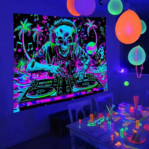 VEIGIKE Cool Gothic Skull Blacklight Tapestry UV Reactive, Funny Trippy Skeleton Music Neon Black Light Art Poster for Men Room Bedroom, Goth Band Hippie Hip Hop Glow in The Dark Party Decor (60X40) - Image 5